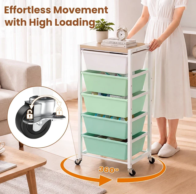 Alt view image 7 of 7 - Rolling Cart with 5 Drawers, Plastic Drawer Storage Carts with Wheels & Wooden Tabletop, Metal Utility Cart for Office Bedroom Living Room Classroom, Craft Organization and Storage, Green