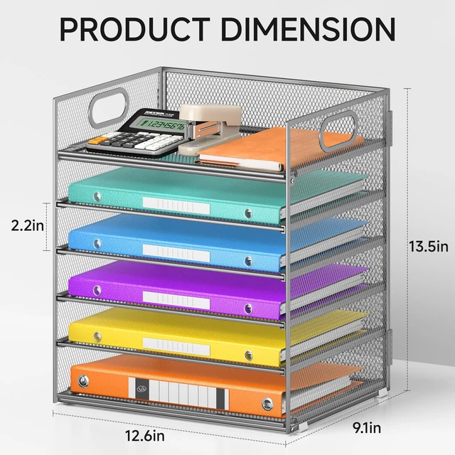 Alt view image 2 of 6 - 6 Tray Paper Organizer Letter Tray with Handle - Mesh Desk File Folder Holder, Paper Sorter for Office, Home or School - Silver