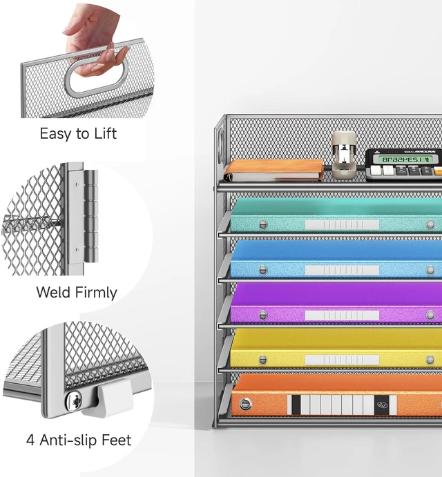 Alt view image 3 of 6 - 6 Tray Paper Organizer Letter Tray with Handle - Mesh Desk File Folder Holder, Paper Sorter for Office, Home or School - Silver
