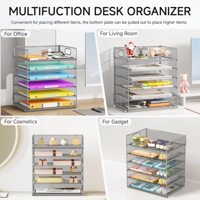 Alt view image 5 of 6 - 6 Tray Paper Organizer Letter Tray with Handle - Mesh Desk File Folder Holder, Paper Sorter for Office, Home or School - Silver