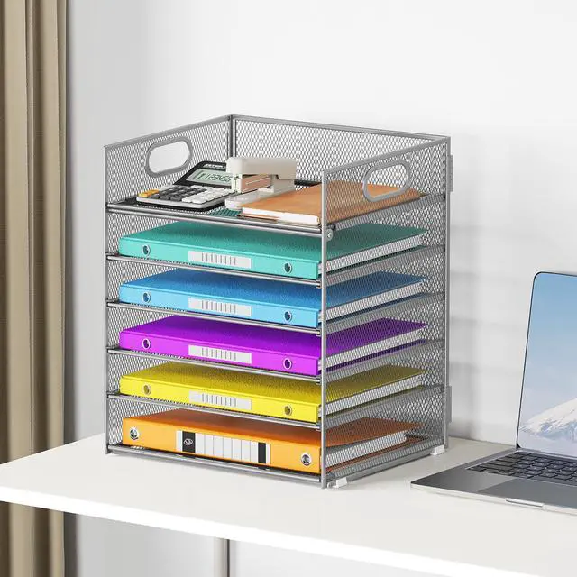 Alt view image 6 of 6 - 6 Tray Paper Organizer Letter Tray with Handle - Mesh Desk File Folder Holder, Paper Sorter for Office, Home or School - Silver