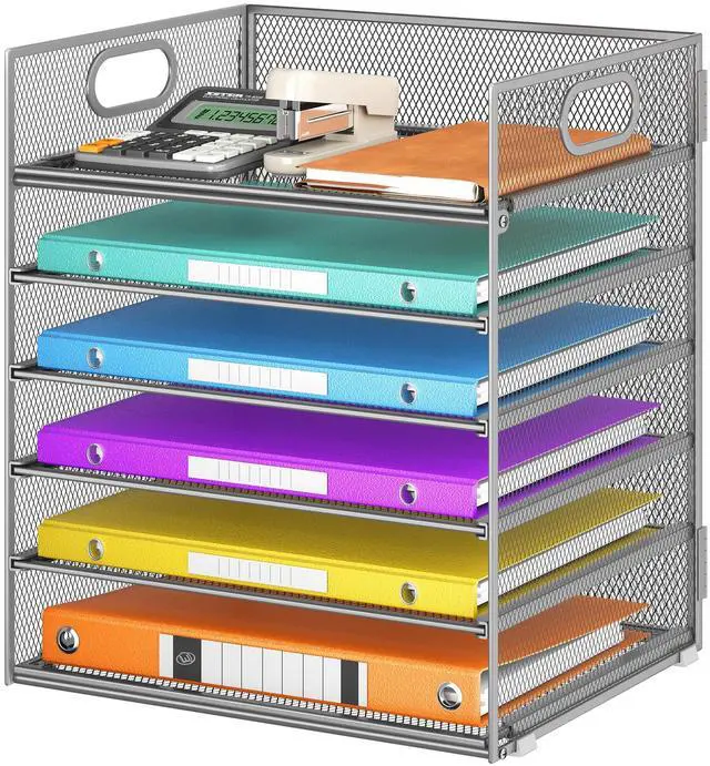 Main image of 6 Tray Paper Organizer Letter Tray with Handle - Mesh Desk File Folder Holder, Paper Sorter for Office, Home or School - Silver