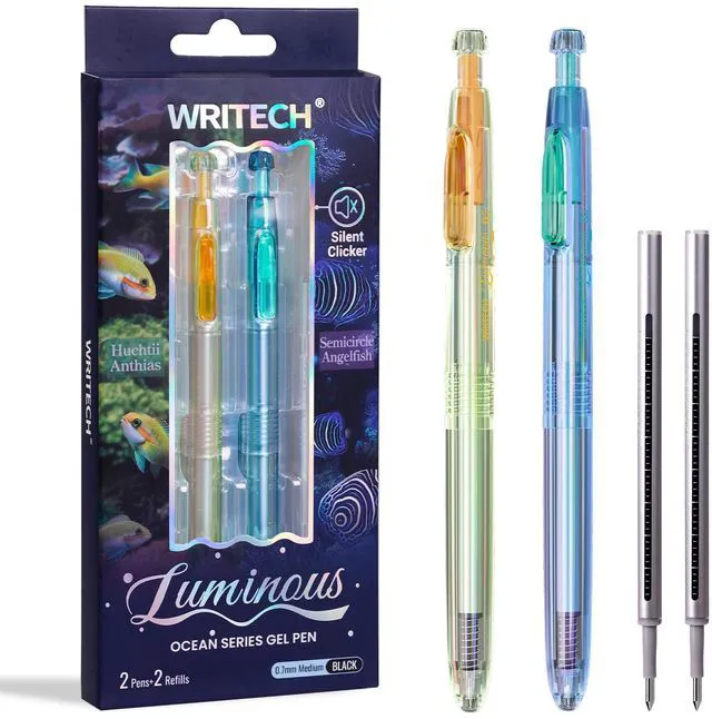 Main image of Gel Pens Medium Point: Luminous pen set 0.7mm Black Ink Includes 2 Pens and 2 Refills Silent Clicker Smooth Writing for School Office & Everyday Use