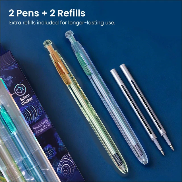 Alt view image 6 of 7 - Gel Pens Medium Point: Luminous pen set 0.7mm Black Ink Includes 2 Pens and 2 Refills Silent Clicker Smooth Writing for School Office & Everyday Use