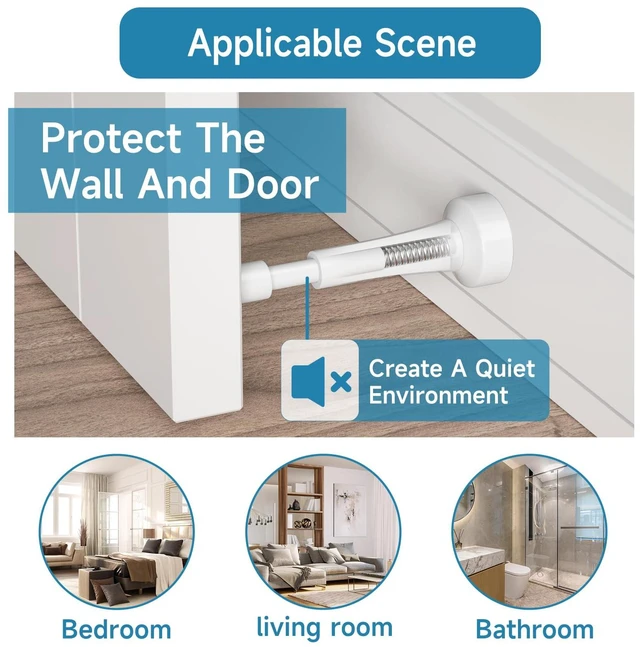 Alt view image 5 of 7 - 4PCS Spring Door Stoppers for Wall - 4.33 Inch Door Stop for Bottom of Door Aluminum Doorstop With Silicone Tip, Screw & Adhesive Installation,White