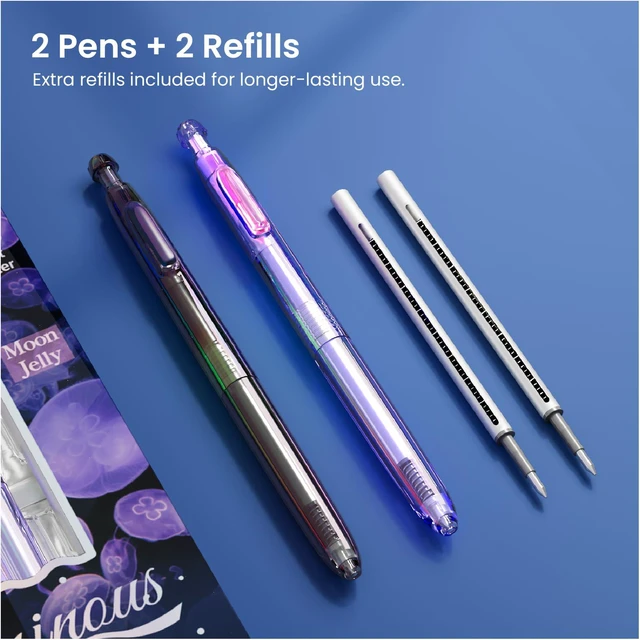 Alt view image 6 of 7 - Gel Pens Medium Point: Luminous pen set 0.7mm, Black Ink, Includes 2 Pens and 2 Refills, Silent Clicker, Smooth Writing for School Office & Everyday Use