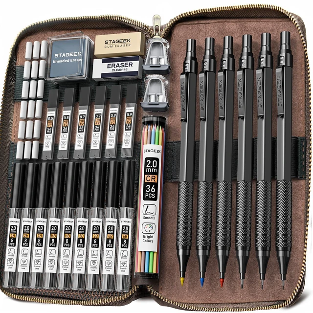 Main image of 30Pcs Black Metal Mechanical Pencil Set with Leather Case 6PCS Art Drafting Pencils, 0.5, 0.7, 0.9, 2.0MM Mechanical Drawing Pencils with 300PCS(6B/4B/2B/HB/2H/4H/Colors)Lead Refills