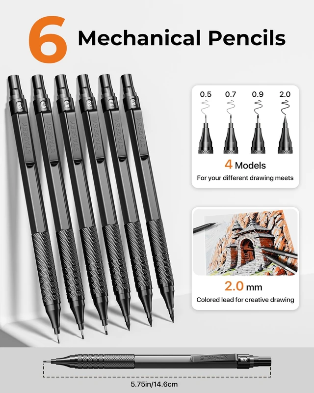Alt view image 3 of 7 - 30Pcs Black Metal Mechanical Pencil Set with Leather Case 6PCS Art Drafting Pencils, 0.5, 0.7, 0.9, 2.0MM Mechanical Drawing Pencils with 300PCS(6B/4B/2B/HB/2H/4H/Colors)Lead Refills
