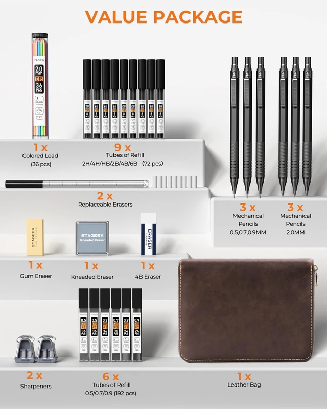 Alt view image 6 of 7 - 30Pcs Black Metal Mechanical Pencil Set with Leather Case 6PCS Art Drafting Pencils, 0.5, 0.7, 0.9, 2.0MM Mechanical Drawing Pencils with 300PCS(6B/4B/2B/HB/2H/4H/Colors)Lead Refills