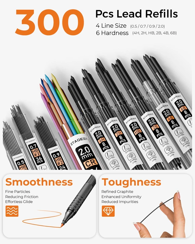 Alt view image 4 of 7 - 30Pcs Black Metal Mechanical Pencil Set with Leather Case 6PCS Art Drafting Pencils, 0.5, 0.7, 0.9, 2.0MM Mechanical Drawing Pencils with 300PCS(6B/4B/2B/HB/2H/4H/Colors)Lead Refills