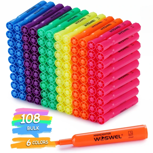 Main image of Highlighters Bulk, 108 Pack Tank Style Highlighters Assorted Fluorescent Colors Set, 6 Bright Colors Chisel Tip Highlighter Markers for Coloring, Highlighting as School Supplies