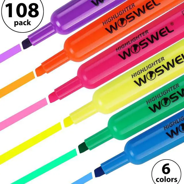 Alt view image 3 of 7 - Highlighters Bulk, 108 Pack Tank Style Highlighters Assorted Fluorescent Colors Set, 6 Bright Colors Chisel Tip Highlighter Markers for Coloring, Highlighting as School Supplies