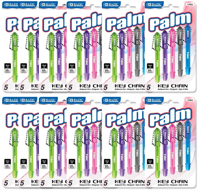 Main image of Palm Ballpoint Pens, Key Chain, Black Ink, 5 Ct, 12-Pack Mini black ink ballpoint pens, 1.0 mm medium, Key chain + pocket clip, Compact for bags, Lanyards, Travel, Bulk pack