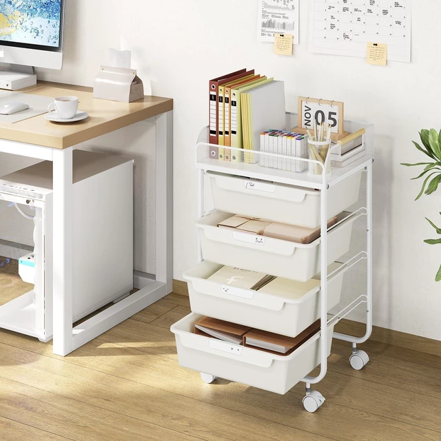 Alt view image 2 of 7 - 4-Drawer Rolling Storage Cart with Mesh Top,White Utility Craft Organizer Cart on Wheels with 4 DIY Labels, Rolling Drawer Cart for Home Office Classroom Bedroom