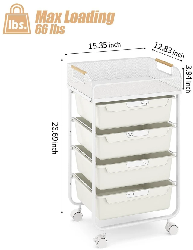 Alt view image 3 of 7 - 4-Drawer Rolling Storage Cart with Mesh Top,White Utility Craft Organizer Cart on Wheels with 4 DIY Labels, Rolling Drawer Cart for Home Office Classroom Bedroom