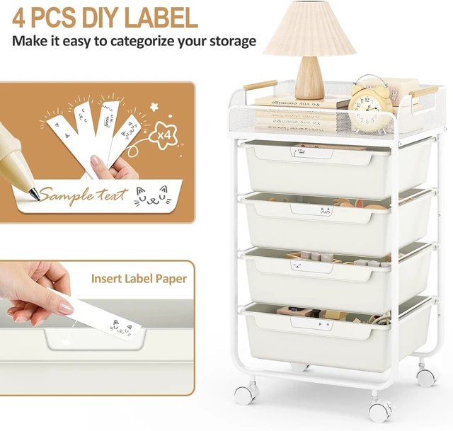 Alt view image 4 of 7 - 4-Drawer Rolling Storage Cart with Mesh Top,White Utility Craft Organizer Cart on Wheels with 4 DIY Labels, Rolling Drawer Cart for Home Office Classroom Bedroom