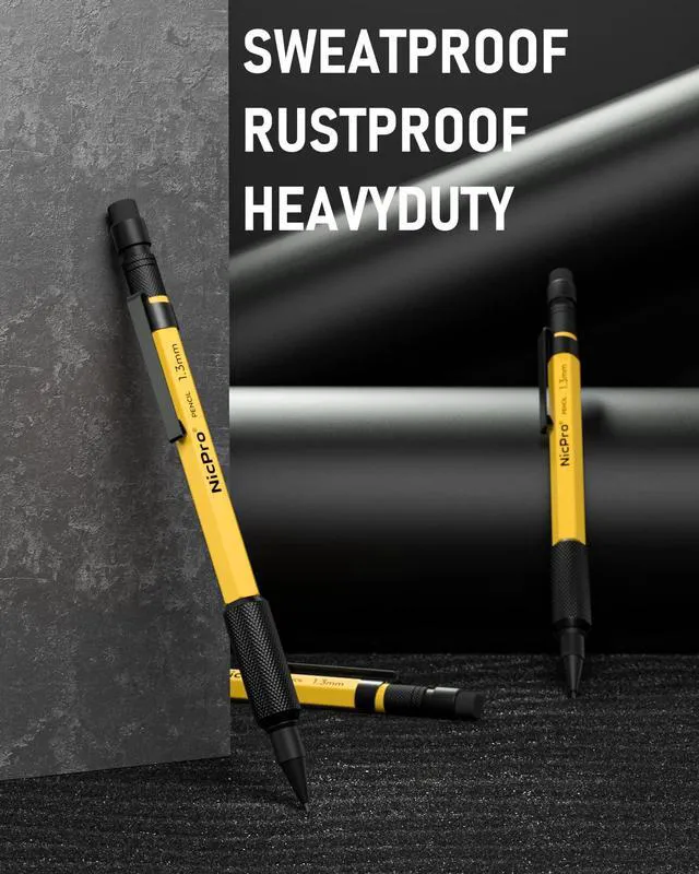 Alt view image 2 of 6 - 3 PCS 1.3 mm Mechanical Pencil Set with 48 Lead Refills, 3 Eraser MP2000 Weatherproof Metal Barrel, Heavy Duty Carpenter Pencils for Outdoor Marking Drafting Drawing Woodworking - with Case