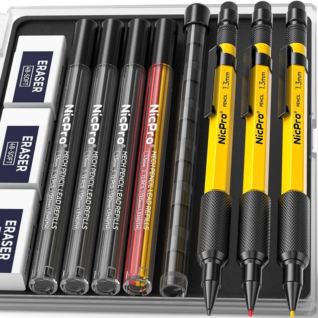 Main image of 3 PCS 1.3 mm Mechanical Pencil Set with 48 Lead Refills, 3 Eraser MP2000 Weatherproof Metal Barrel, Heavy Duty Carpenter Pencils for Outdoor Marking Drafting Drawing Woodworking - with Case