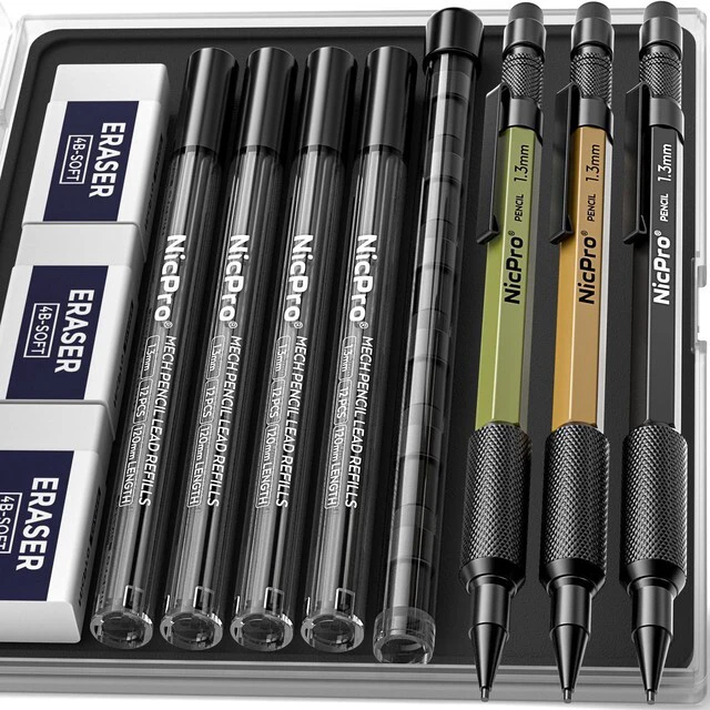 Main image of 3 PCS 1.3 mm Mechanical Pencil Set with 48 Lead Refill, 3 Eraser MP2000 3 Color Weatherproof Metal Barrel, Heavy Duty Carpenter Pencil for Outdoor Construction Marking Drafting and Drawing