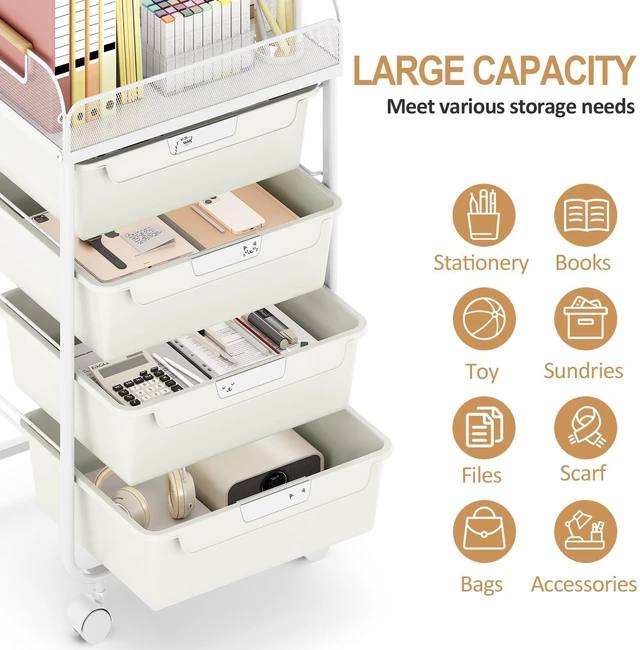 Alt view image 6 of 7 - 4-Drawer Rolling Storage Cart with Mesh Top,White Utility Craft Organizer Cart on Wheels with 4 DIY Labels, Rolling Drawer Cart for Home Office Classroom Bedroom