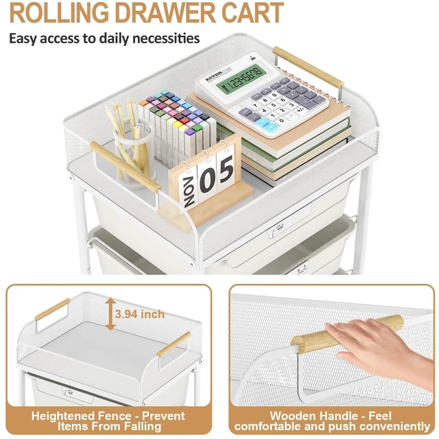 Alt view image 5 of 7 - 4-Drawer Rolling Storage Cart with Mesh Top,White Utility Craft Organizer Cart on Wheels with 4 DIY Labels, Rolling Drawer Cart for Home Office Classroom Bedroom