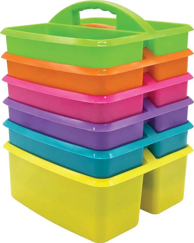 Main image of Assorted Bright Colors Portable Plastic Storage Caddy 6-Pack for Classrooms, Kids Room, and Office Organization, (Lime, Orange, Pink, Purple, Teal, and Yellow) 3 Compartment