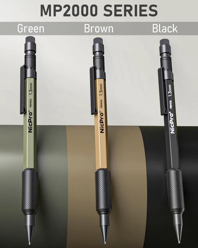 Alt view image 5 of 6 - 3 PCS 1.3 mm Mechanical Pencil Set with 48 Lead Refill, 3 Eraser MP2000 3 Color Weatherproof Metal Barrel, Heavy Duty Carpenter Pencil for Outdoor Construction Marking Drafting and Drawing