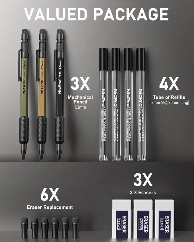 Alt view image 6 of 6 - 3 PCS 1.3 mm Mechanical Pencil Set with 48 Lead Refill, 3 Eraser MP2000 3 Color Weatherproof Metal Barrel, Heavy Duty Carpenter Pencil for Outdoor Construction Marking Drafting and Drawing