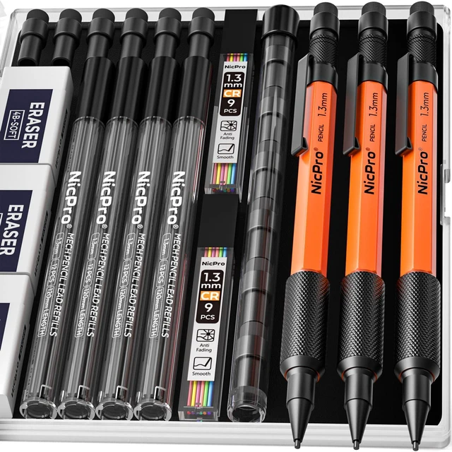 Main image of 3 PCS 1.3 mm Mechanical Pencils Set with 66 Lead Refill, 3 Eraser MP2000 Orange Weatherproof Metal Barrel, Heavy Duty Carpenter Pencil for Outdoor Construction Marking Drafting and Drawing
