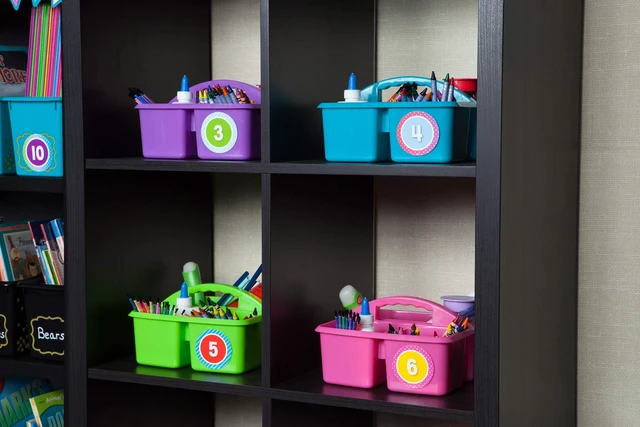 Alt view image 6 of 7 - Assorted Bright Colors Portable Plastic Storage Caddy 6-Pack for Classrooms, Kids Room, and Office Organization, (Lime, Orange, Pink, Purple, Teal, and Yellow) 3 Compartment