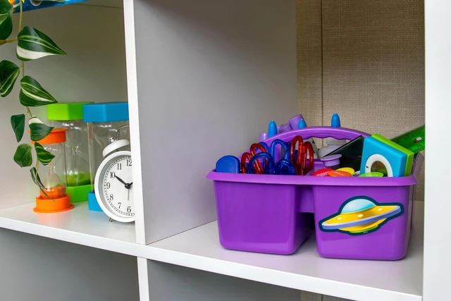 Alt view image 7 of 7 - Assorted Bright Colors Portable Plastic Storage Caddy 6-Pack for Classrooms, Kids Room, and Office Organization, (Lime, Orange, Pink, Purple, Teal, and Yellow) 3 Compartment