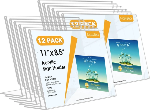 Main image of Acrylic Sign Holder 8.5x11 Inches Horizontal 12 Pack, Slant Back Clear Landscape Tabletop Display Stands for Menus, Flyers, Documents, Sign Frames for Business, Office, Retail, Restaurant