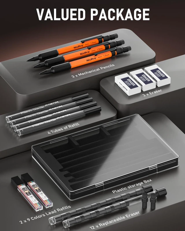 Alt view image 5 of 7 - 3 PCS 1.3 mm Mechanical Pencils Set with 66 Lead Refill, 3 Eraser MP2000 Orange Weatherproof Metal Barrel, Heavy Duty Carpenter Pencil for Outdoor Construction Marking Drafting and Drawing