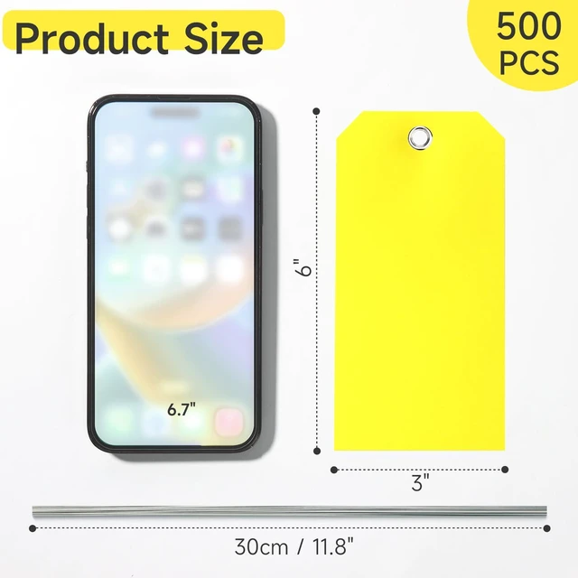 Alt view image 2 of 7 - 500 Pieces Plastic Shipping Tags with Wire Waterproof Hang Tags Heavy Duty Labeling Tags with String Wires Tags Labels Labeling Tags Stacking Tags for Equipment Car Parts (Yellow, 3x6)