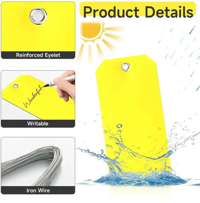 Alt view image 3 of 7 - 500 Pieces Plastic Shipping Tags with Wire Waterproof Hang Tags Heavy Duty Labeling Tags with String Wires Tags Labels Labeling Tags Stacking Tags for Equipment Car Parts (Yellow, 3x6)