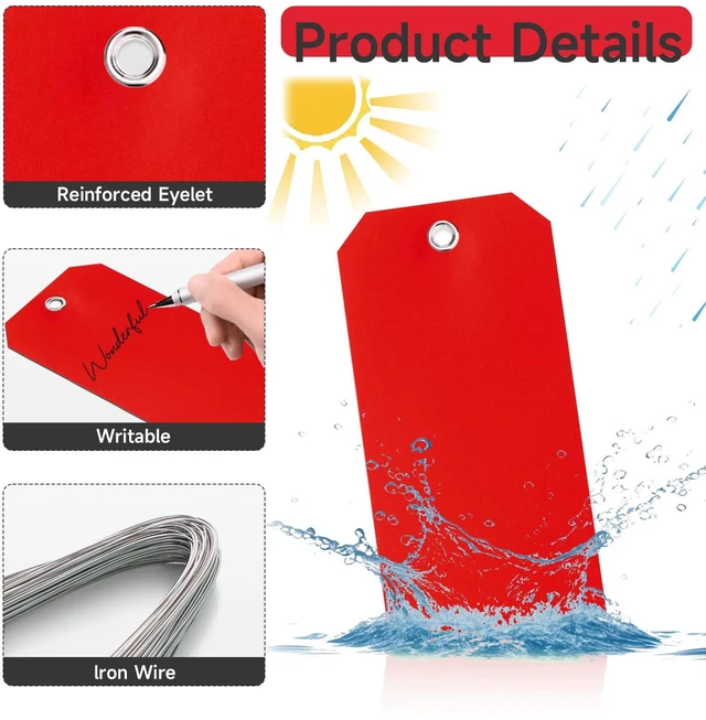 Alt view image 3 of 7 - 500 Plastic Shipping Tags with Wire - Waterproof Heavy Duty Labels with String Wires - Red, 3x6