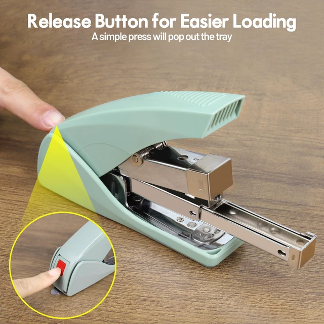 Alt view image 4 of 7 - Effortless Stapler for Desk, 50 Sheet Capacity, Low Force, Built-in Staple Remover, One Finger Touch Stapling Desktop Stapler, Portable & Space Save Size, Good for Home & Office ES10(Green)