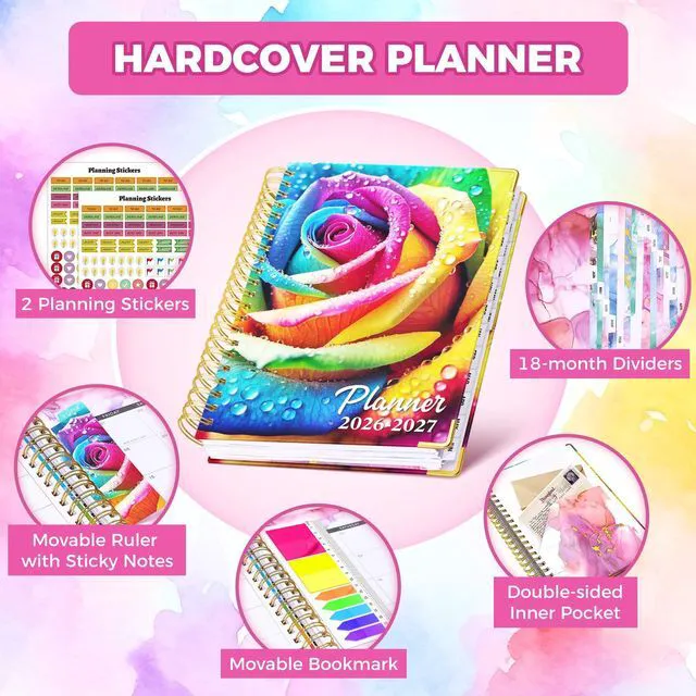 Alt view image 2 of 7 - Academic Planner 2026-2027, 18 Months Daily Weekly Monthly Calendar Planner July 2026 - Dec 2027, 9" x 11.6" A4, Hardcover Agenda Organizer with Tabs, Inner Pocket, Bookmark, Stickers, Sticky Note Set