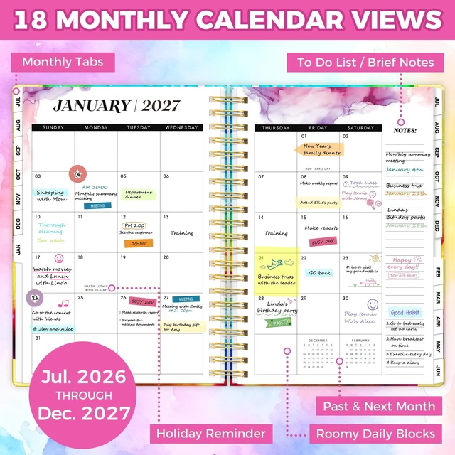 Alt view image 4 of 7 - Academic Planner 2026-2027, 18 Months Daily Weekly Monthly Calendar Planner July 2026 - Dec 2027, 9" x 11.6" A4, Hardcover Agenda Organizer with Tabs, Inner Pocket, Bookmark, Stickers, Sticky Note Set