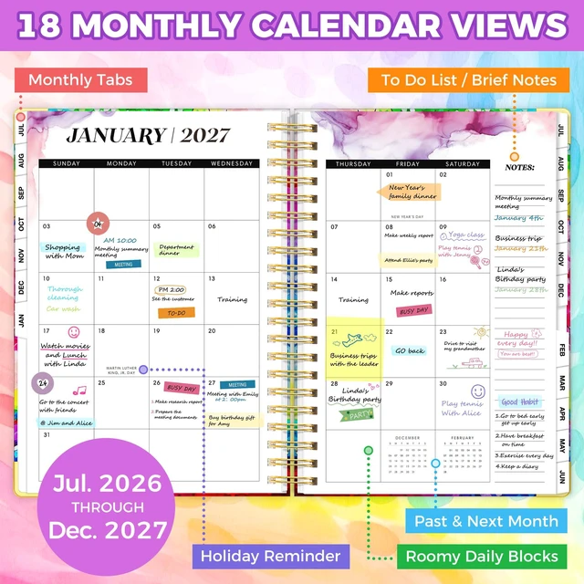 Alt view image 4 of 7 - Academic Planner 2026-2027, 18 Months Daily Weekly Monthly Calendar Planner July 2026 - Dec 2027, 9" x 11.6" A4, Hardcover Agenda Organizer with Tabs, Inner Pocket, Bookmark, Stickers, Sticky Note Set