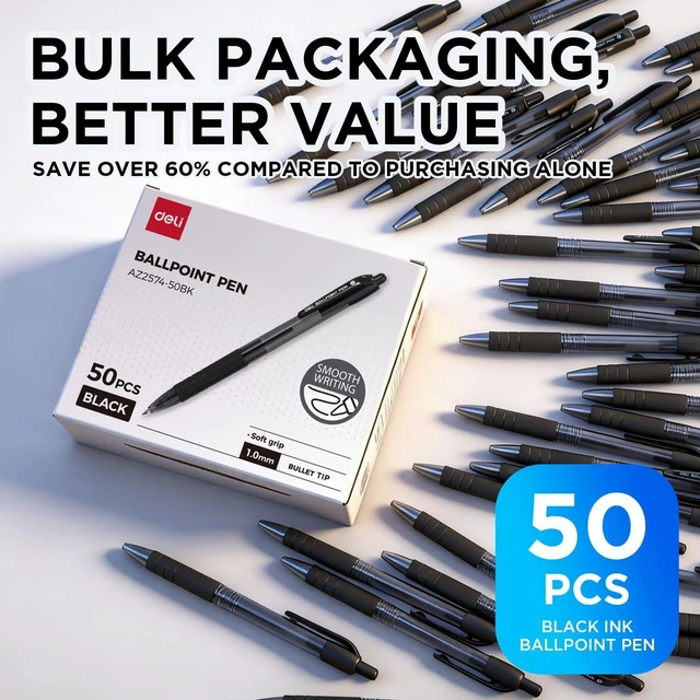 Alt view image 2 of 7 - Pens Bulk,50 Pack Ballpoint Pens Black Ink 1.0MM Medium Point Smooth Writing Retractable Pen with Soft Grip, No Bleed,Fast Dry for Office School Home Use