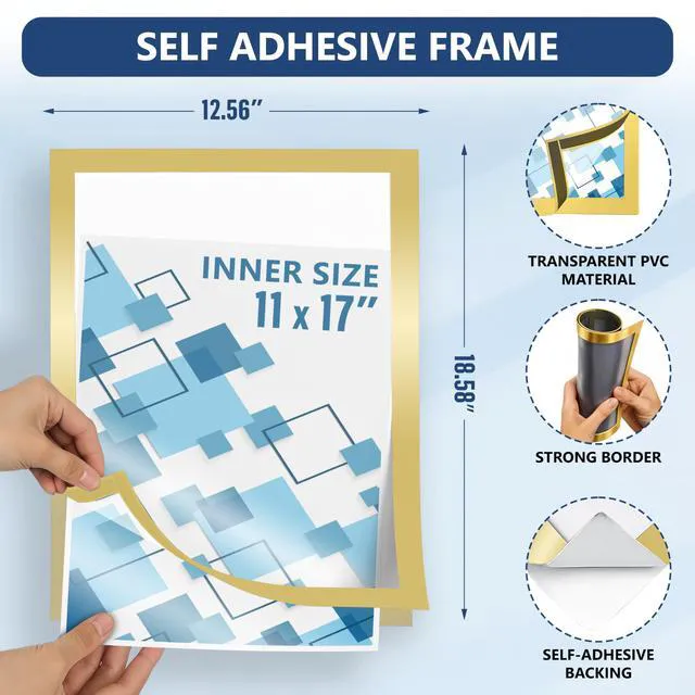 Alt view image 2 of 7 - 30 Pack Magnetic Sign Holder 11 x 17 with Adhesive Back - Gold Magnetics Poster Frame & Magnetic Paper Holder - Reusable Adhesive Frames 11x17 - Magnet Frame for Wall Windows - Magnet Document Holders