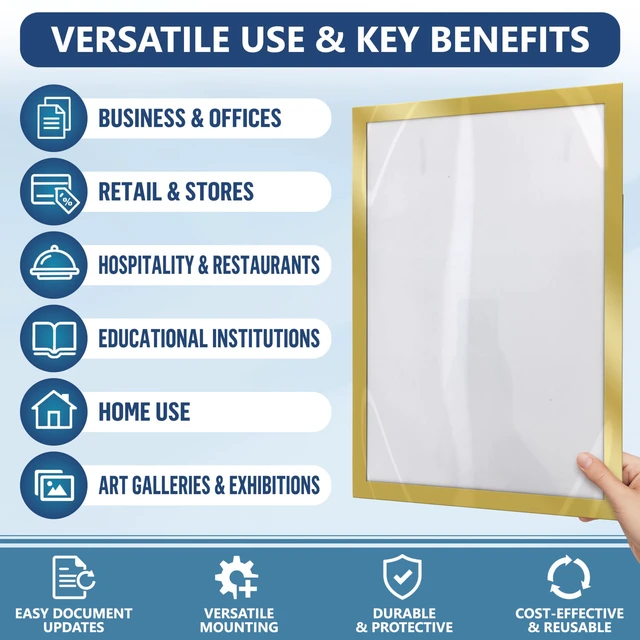 Alt view image 4 of 7 - 30 Pack Magnetic Sign Holder 11 x 17 with Adhesive Back - Gold Magnetics Poster Frame & Magnetic Paper Holder - Reusable Adhesive Frames 11x17 - Magnet Frame for Wall Windows - Magnet Document Holders