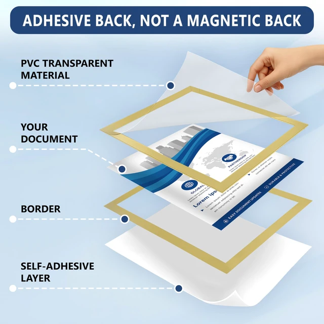 Alt view image 5 of 7 - 30 Pack Magnetic Sign Holder 11 x 17 with Adhesive Back - Gold Magnetics Poster Frame & Magnetic Paper Holder - Reusable Adhesive Frames 11x17 - Magnet Frame for Wall Windows - Magnet Document Holders