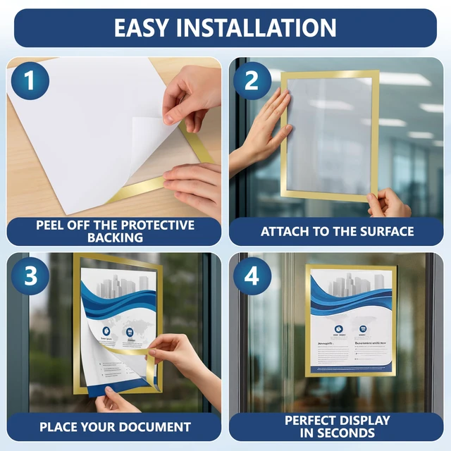 Alt view image 6 of 7 - 30 Pack Magnetic Sign Holder 11 x 17 with Adhesive Back - Gold Magnetics Poster Frame & Magnetic Paper Holder - Reusable Adhesive Frames 11x17 - Magnet Frame for Wall Windows - Magnet Document Holders