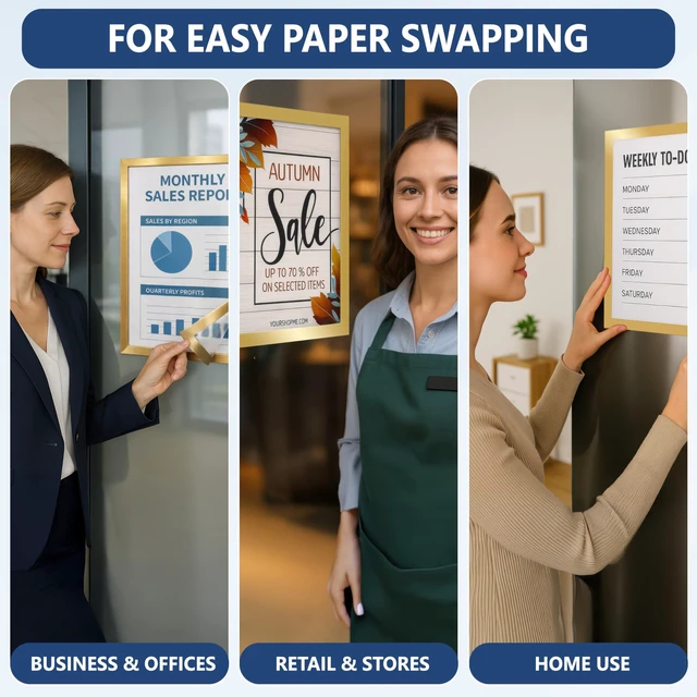 Alt view image 7 of 7 - 30 Pack Magnetic Sign Holder 11 x 17 with Adhesive Back - Gold Magnetics Poster Frame & Magnetic Paper Holder - Reusable Adhesive Frames 11x17 - Magnet Frame for Wall Windows - Magnet Document Holders