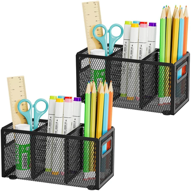 Main image of Mesh Pen Holder for Desk, Pencil Holder Desk Organizer 3 Adjustable Compartments, Pencil Cup with Handle Perfect for Classroom, Office, Home, Makeup, Art (Black-2P)