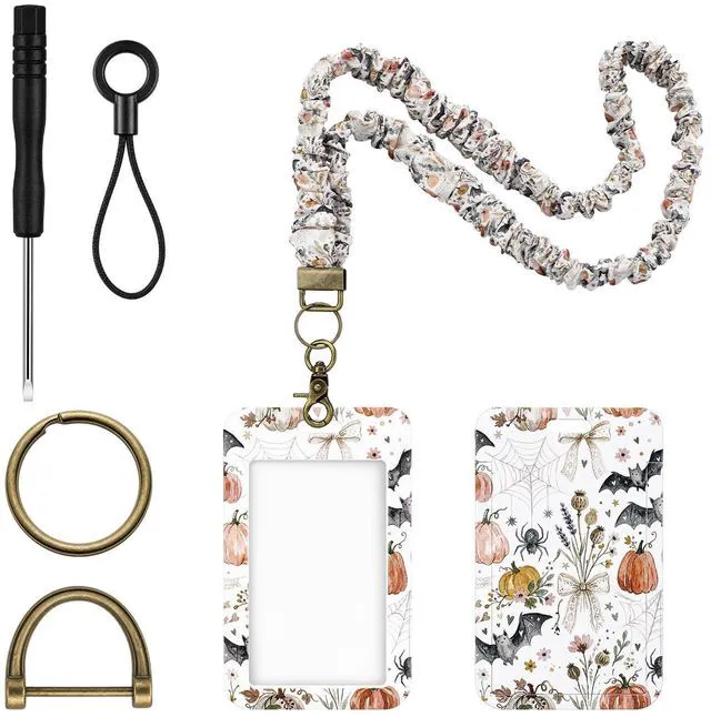 Main image of Scrunchie Teacher Lanyards with ID Badge Holder,Halloween Retractable Stretchy Scrunchie Lanyard,Breakaway Keychain Accessories,Hand-free Access for Office School Teacher Nurse Staff