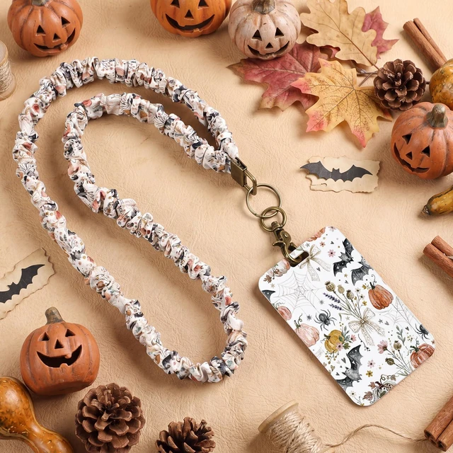 Alt view image 2 of 6 - Scrunchie Teacher Lanyards with ID Badge Holder,Halloween Retractable Stretchy Scrunchie Lanyard,Breakaway Keychain Accessories,Hand-free Access for Office School Teacher Nurse Staff
