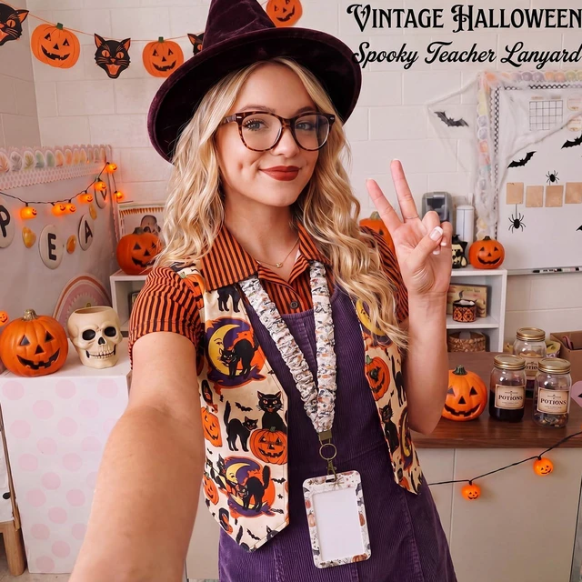 Alt view image 5 of 6 - Scrunchie Teacher Lanyards with ID Badge Holder,Halloween Retractable Stretchy Scrunchie Lanyard,Breakaway Keychain Accessories,Hand-free Access for Office School Teacher Nurse Staff